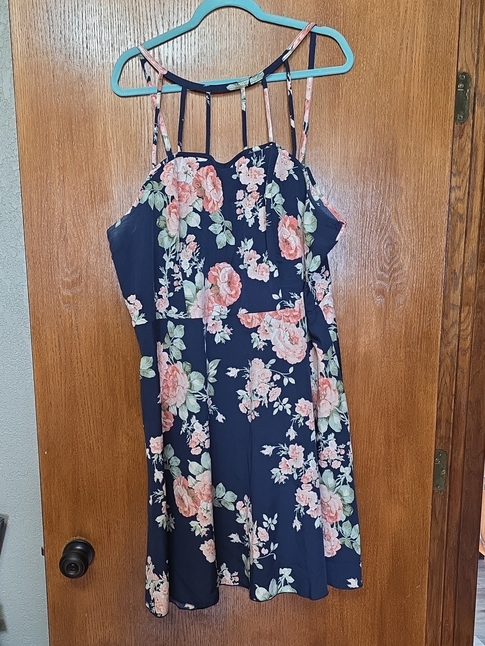 SHEIN Navy Floral Strappy Mini Dress with Peach and Green Blooms